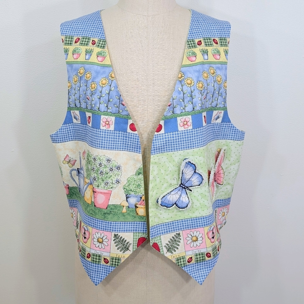 Handmade "Garden" vest W 3D butterflies, plants, flowers, farmhouse Vest. 2X - Picture 1 of 14
